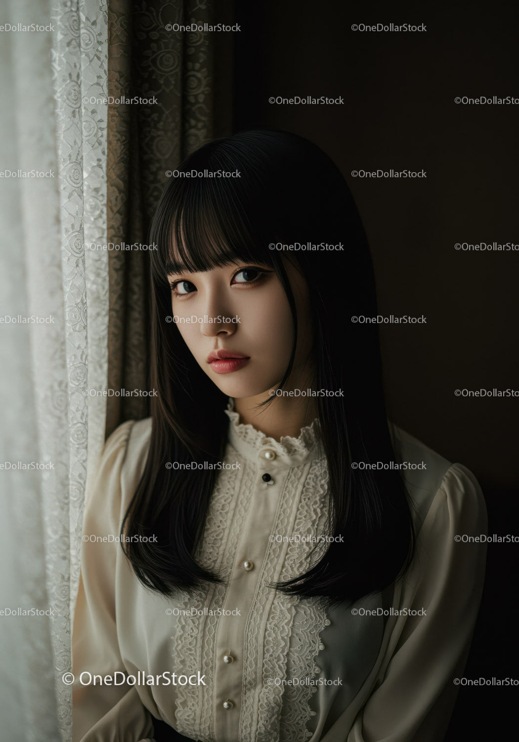 Elegant Woman in Lace Blouse Looking Thoughtfully Near Window