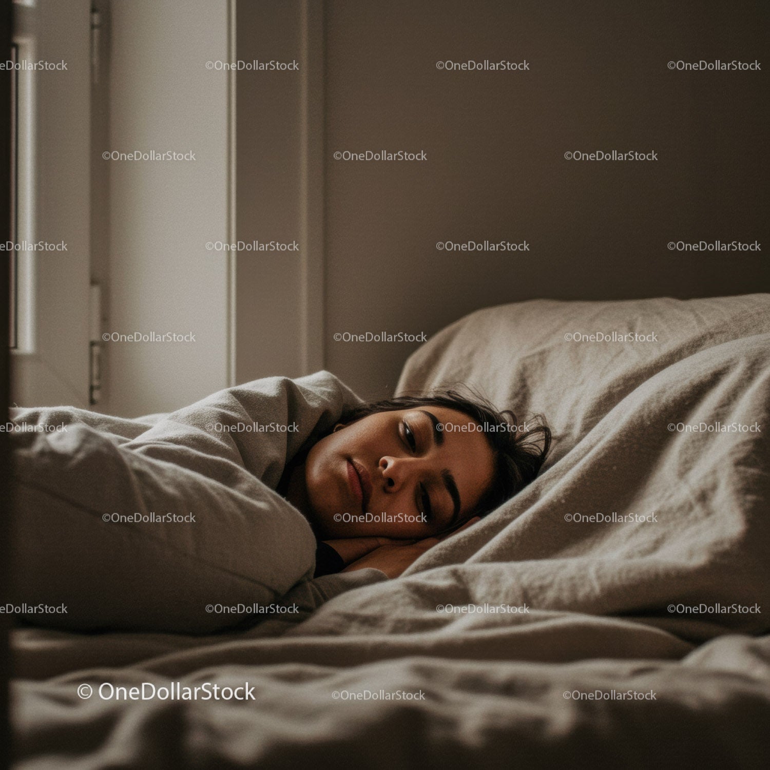 Relaxed Woman Sleeping in Cozy Bedroom with Soft Bedding