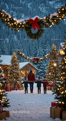 Family walking through festive snow-covered holiday village