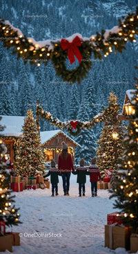 Family walking through festive snow-covered holiday village