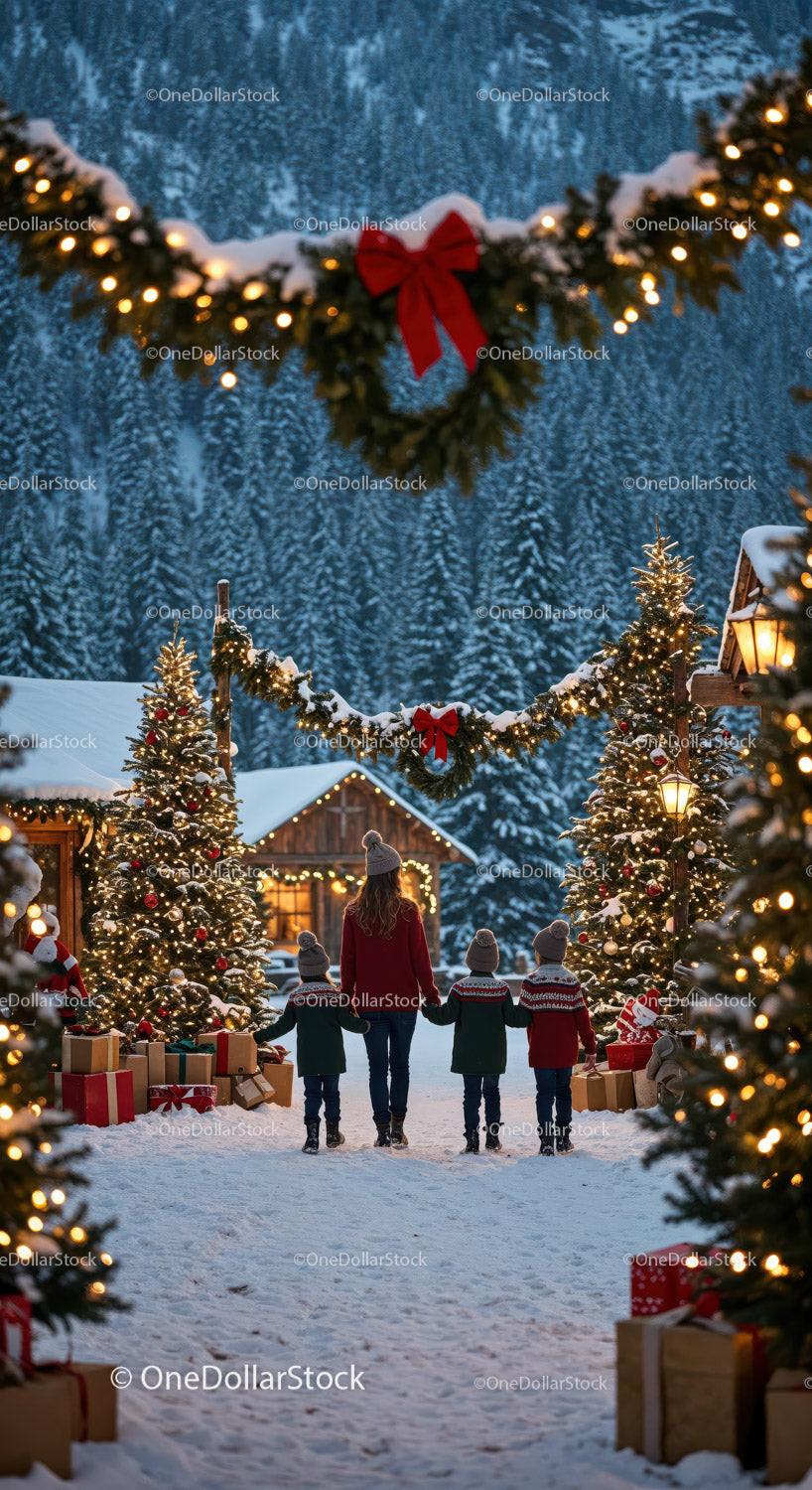 Family walking through festive snow-covered holiday village