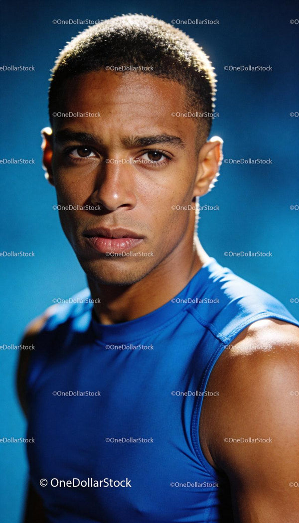 Focused Athlete in Blue Sportswear Against Blue Background