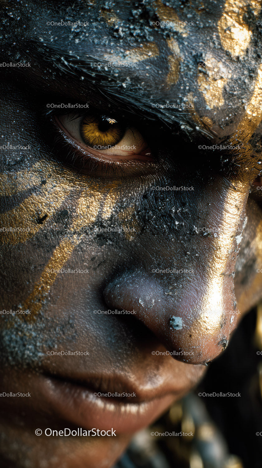 Close-up of An African Tribal Face with Gold Metallic Body Art