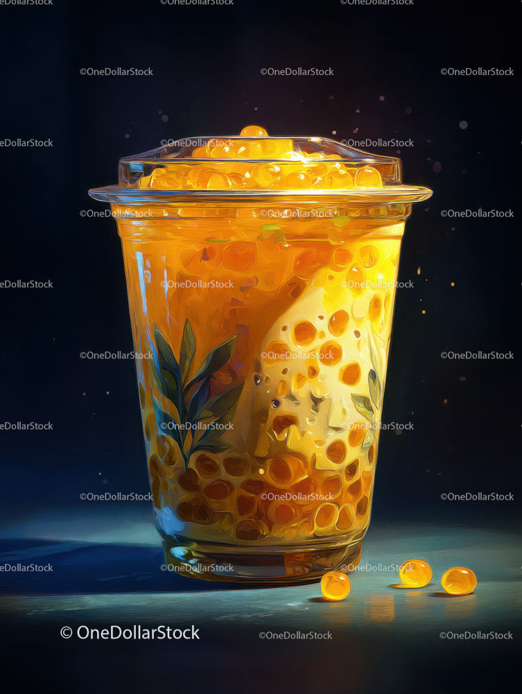 Vibrant Bubble Tea with Tapioca Pearls and Fresh Herbs