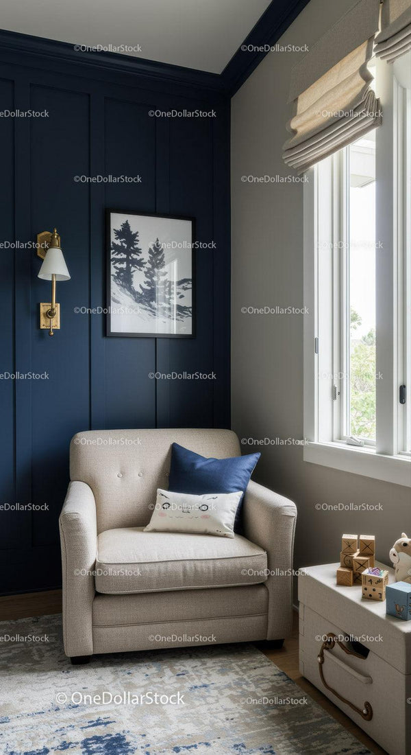 Modern Cozy Nursery Room with Navy Decor and Children's Toys