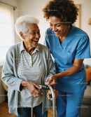 Caregiver Assisting Elderly Woman With Walker in Warm Home Setting