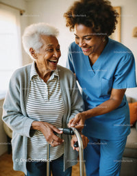 Caregiver Assisting Elderly Woman With Walker in Warm Home Setting