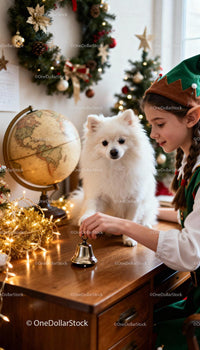 Girl in Elf Costume Ringing Bell with Fluffy White Dog