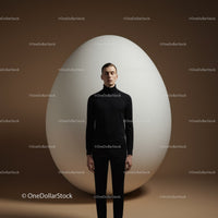 Calm man standing in front of giant white egg