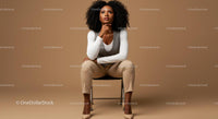 Elegant Woman in Stylish Outfit Sitting on Chair against Brown Background