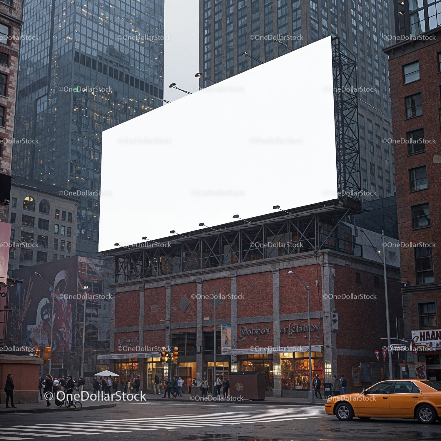Urban street corner with large blank billboard at dusk
