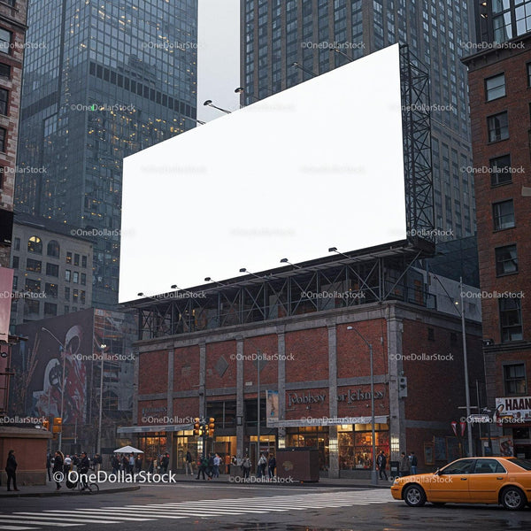 Urban street corner with large blank billboard at dusk JPG Mockup Image