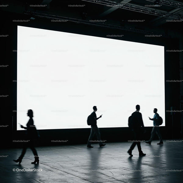 Silhouettes of People Walking by Large Illuminated Screen JPG Mockup Image