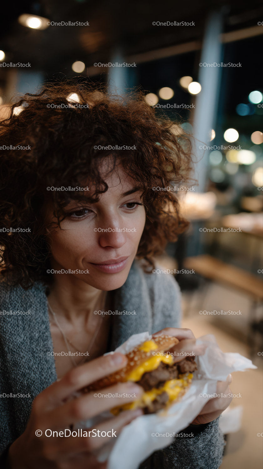 Young Woman Enjoying Delicious Cheeseburger in Cozy Indoor Setting