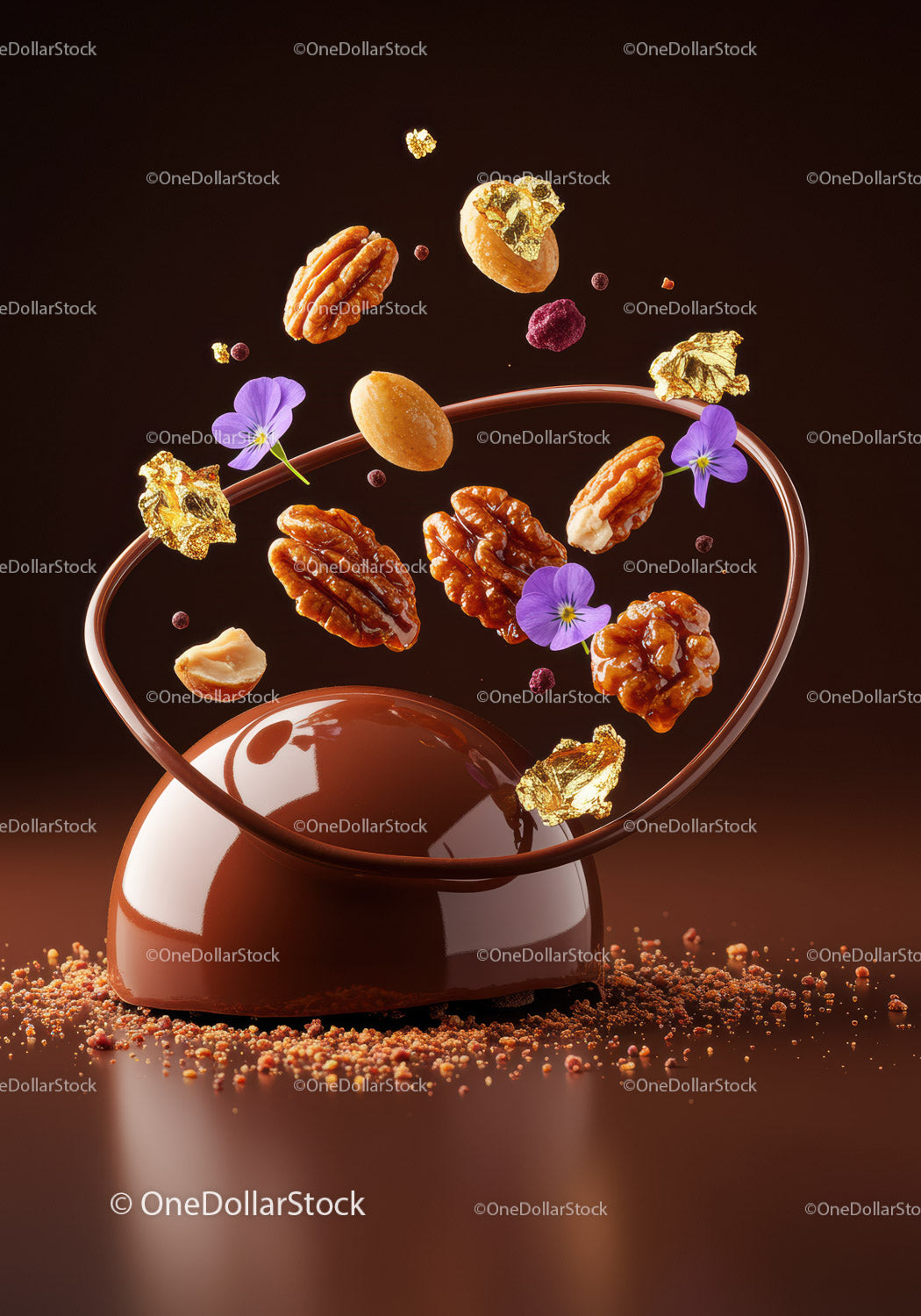 Artistic chocolate dessert with nuts and edible flowers