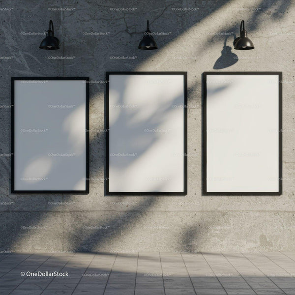 Blank Vertical Posters on Concrete Wall with Soft Shadows JPG Mockup Image