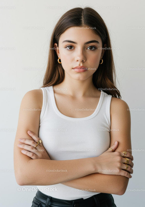 Confident Young Woman in White Tank Top with Gold Accessories Studio Portrait