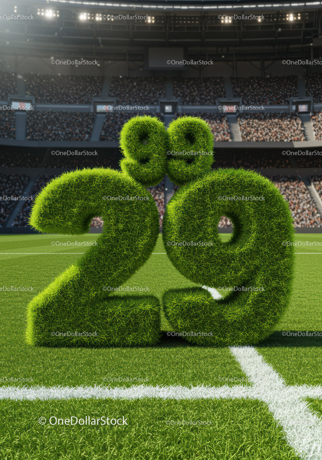 Symbol 29 stopni pokryty trawą na boisku stadionowym
