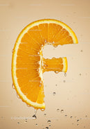 Fresh Orange Slice Shaped Like Letter F with Water Drops