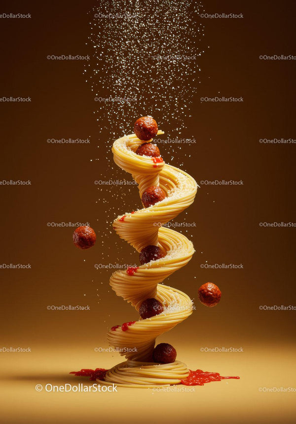 Spiral of spaghetti with meatballs and falling cheese