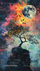Colorful Artistic Landscape with Moon and Flying Birds