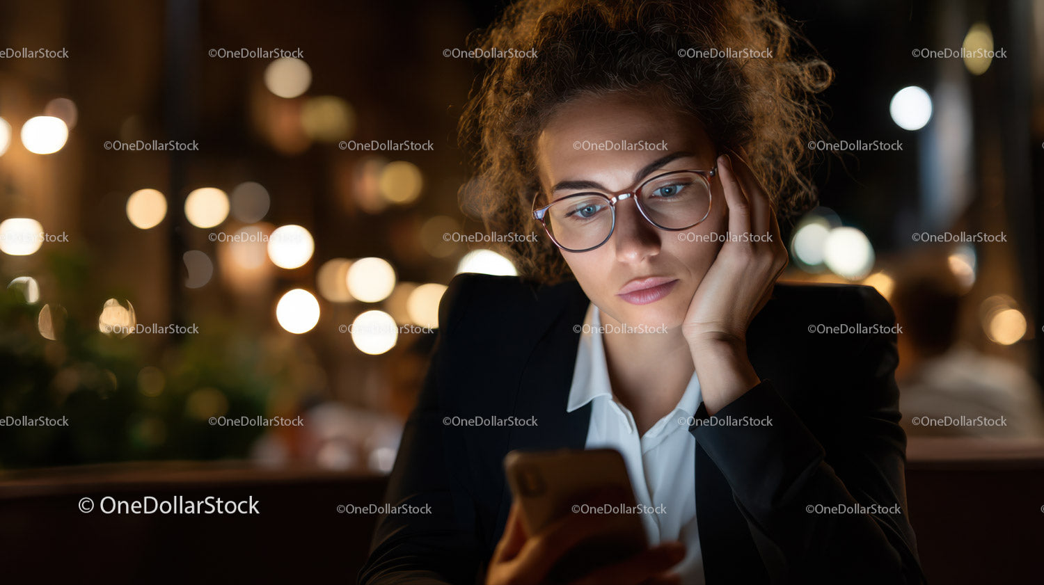 Biznesmenka w okularach korzystająca ze smartfona w nocnym mieście