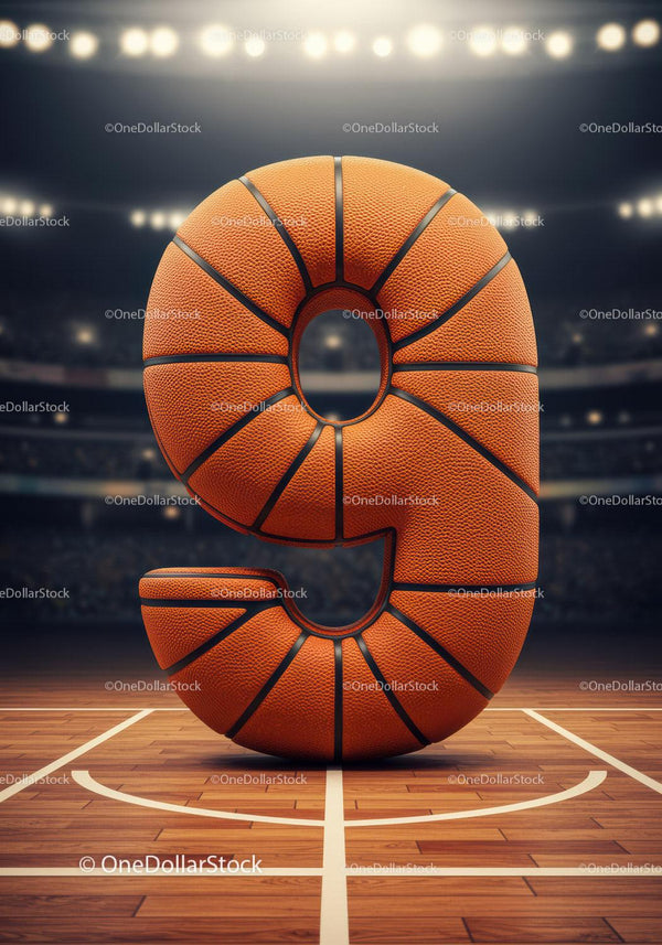 Number Nine Shaped as Basketball on Court Floor