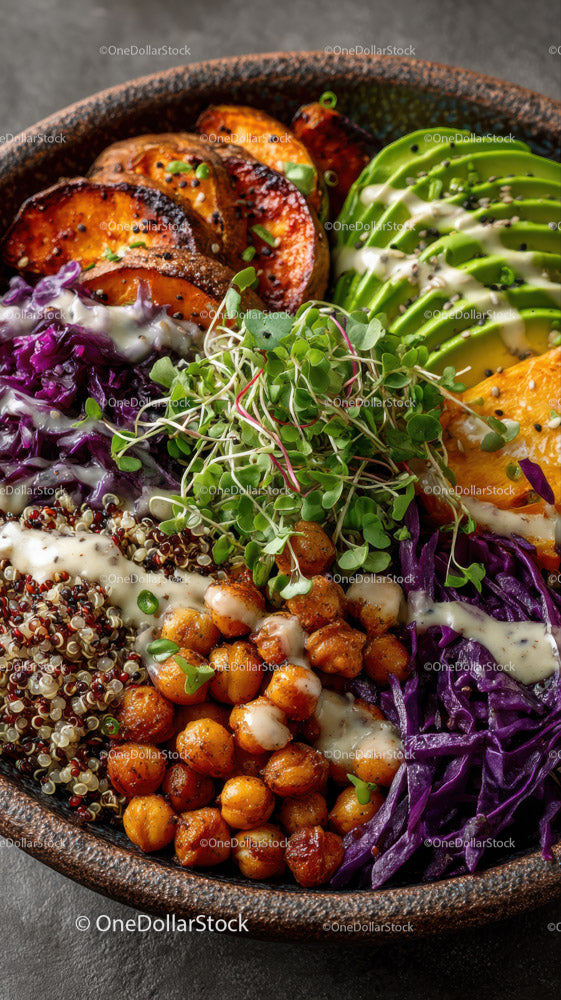 Colorful Plant-Based Bowl with Roasted Vegetables and Microgreens
