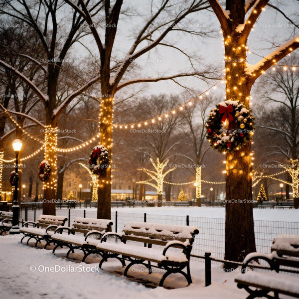 Snowy Park Benches with Festive Holiday Lights