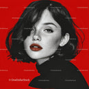 Portrait of a Woman with Bold Red Lipstick and Freckles in a Fashionable Style