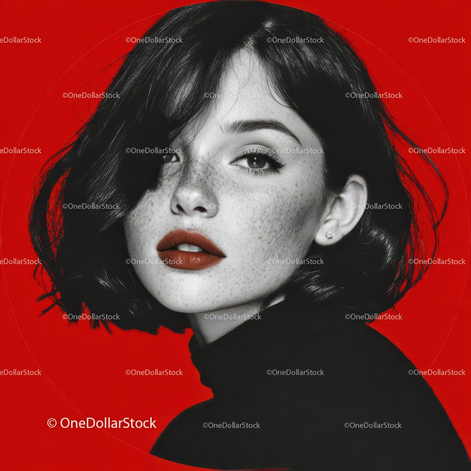 Portrait of a Woman with Bold Red Lipstick and Freckles in a Fashionable Style