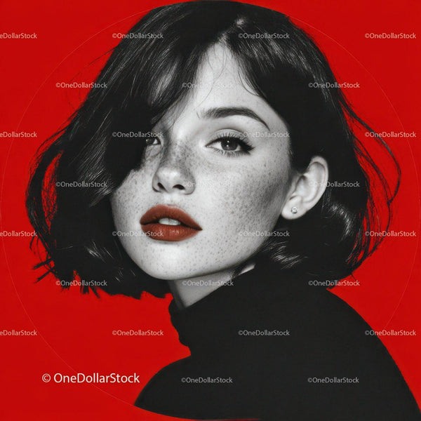 Portrait of a Woman with Bold Red Lipstick and Freckles in a Fashionable Style