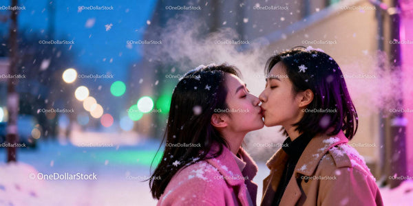 Couple sharing a tender winter kiss amid soft snowfall