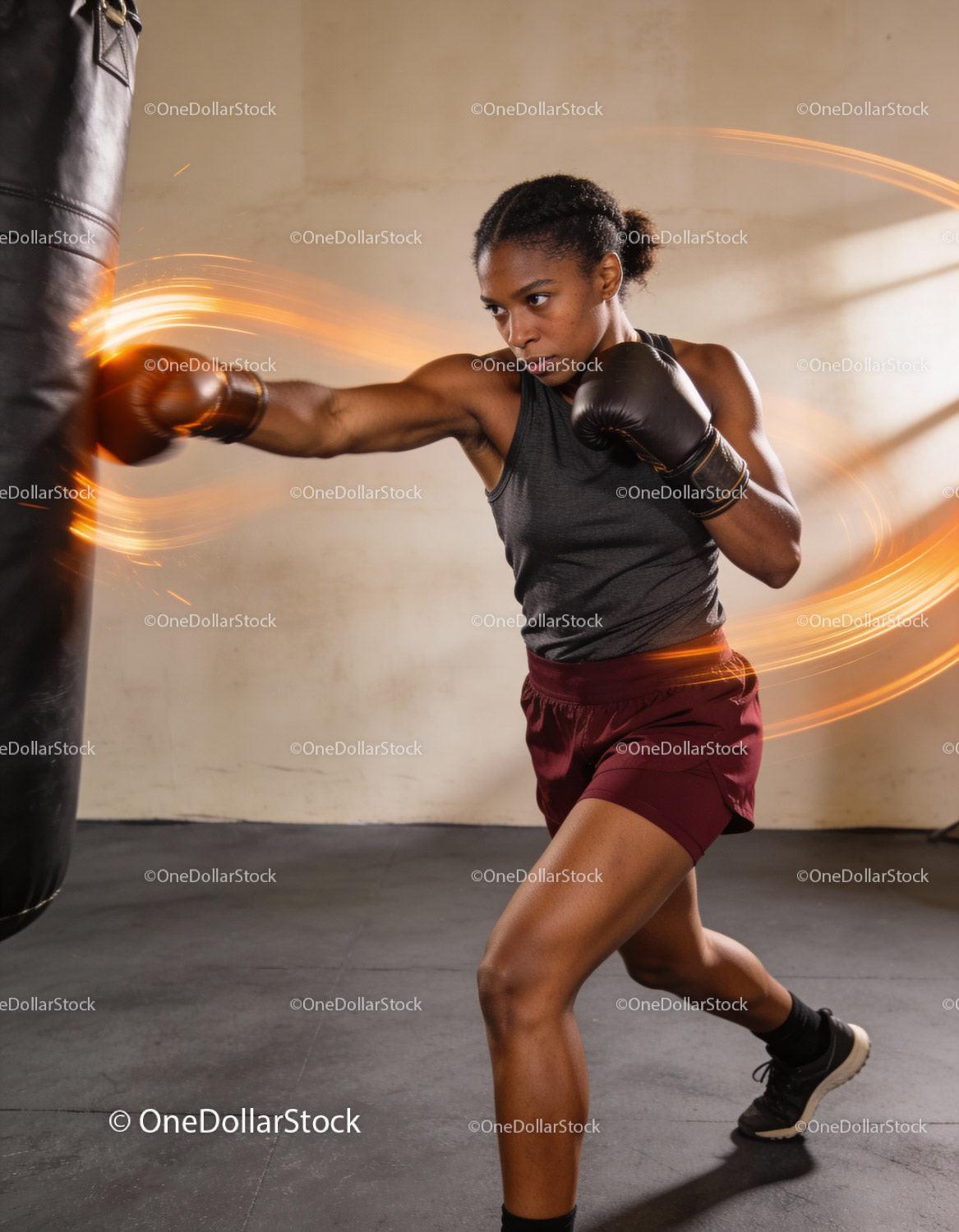 Focused female boxer training with powerful punch