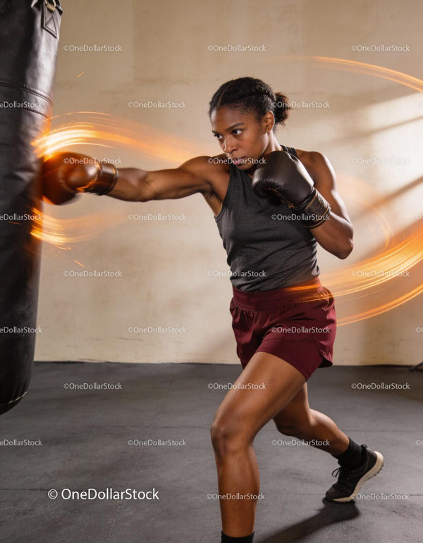 Focused female boxer training with powerful punch