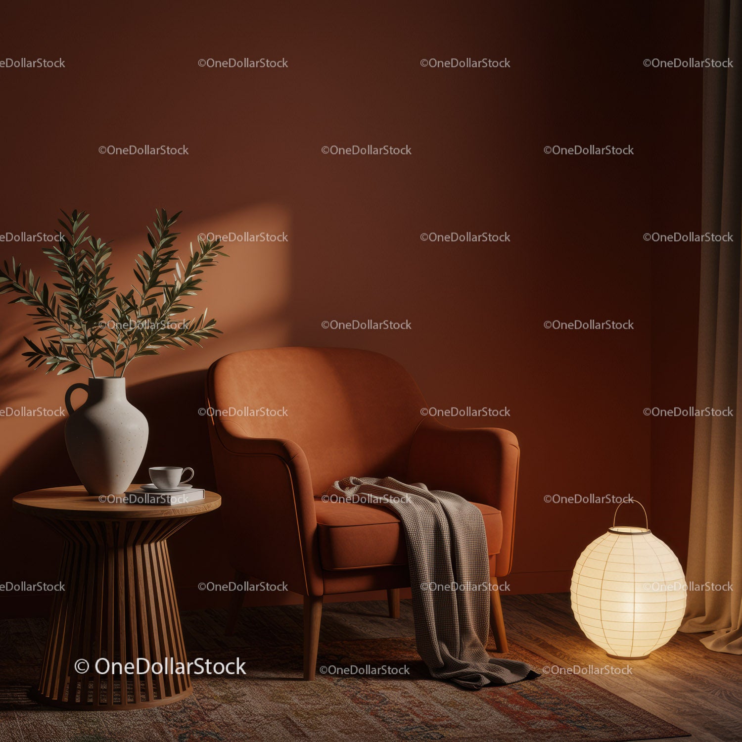 Cozy reading nook with earthy tones and soft lighting