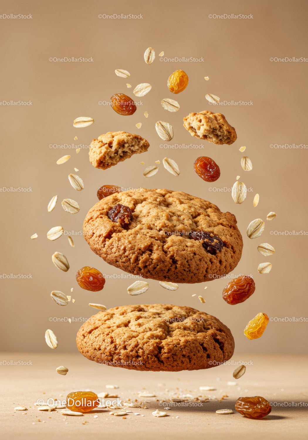 Oatmeal raisin cookies with ingredients suspended midair