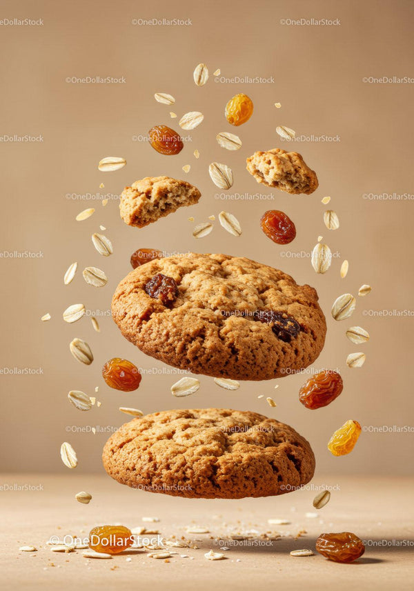 Oatmeal raisin cookies with ingredients suspended midair