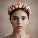 Young woman wearing colorful macaron crown