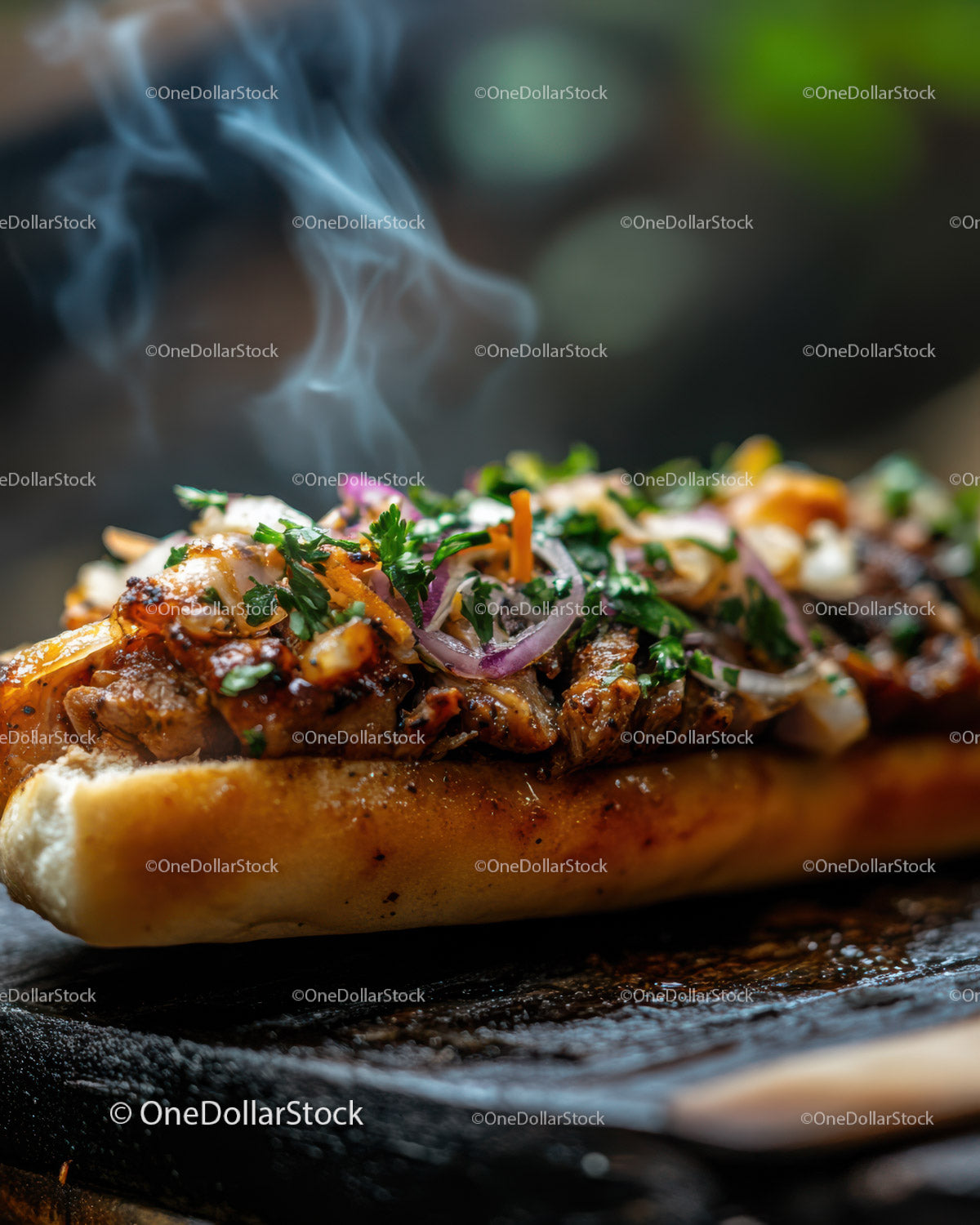 Grilled Sausage Hot Dog with Caramelized Onions and Herbs