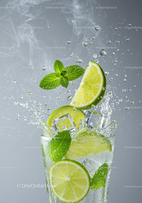 Refreshing lime mint sparkling water with ice cubes