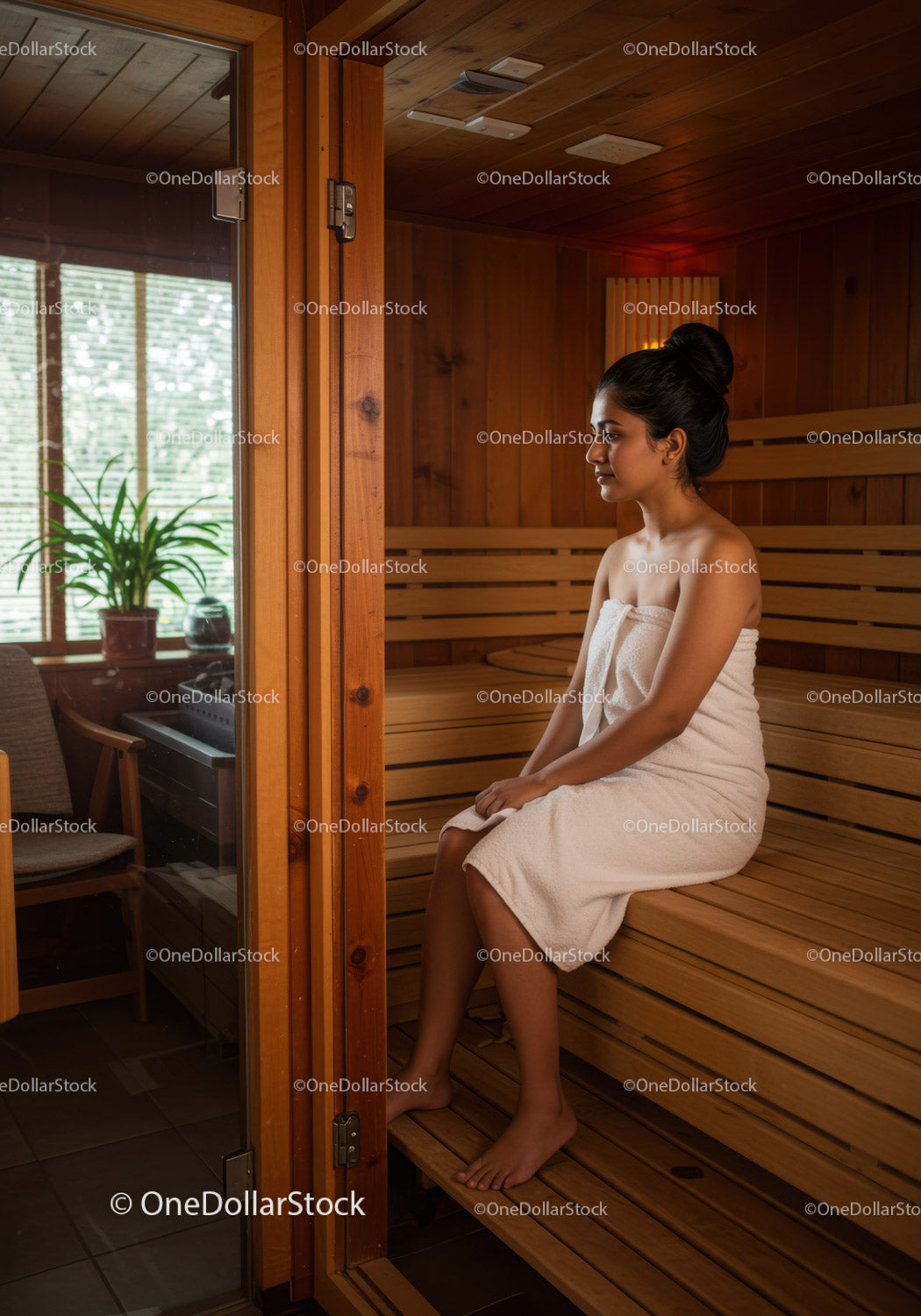 Relaxing Woman Sitting in Sauna Cabin with Wooden Interior