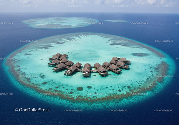 Overwater Bungalows on a Vibrant Turquoise Coral Reef in Tropical Paradise