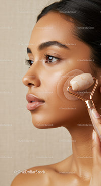 Close-Up of Woman Using Jade Roller for Facial Skin Rejuvenation