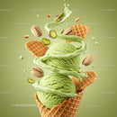 Two scoops of pistachio ice cream with nuts and wafers