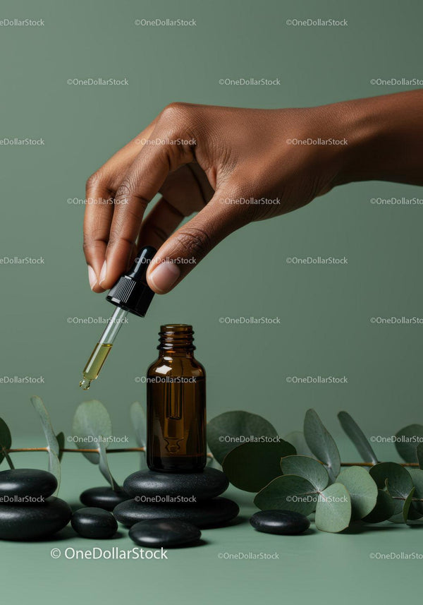 Essential Oil Dropper with Herbal Extract in Amber Bottle JPG Mockup Image