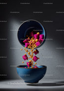 Vibrant purple dragon fruit cubes falling into blue bowl