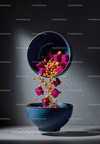 Vibrant purple dragon fruit cubes falling into blue bowl