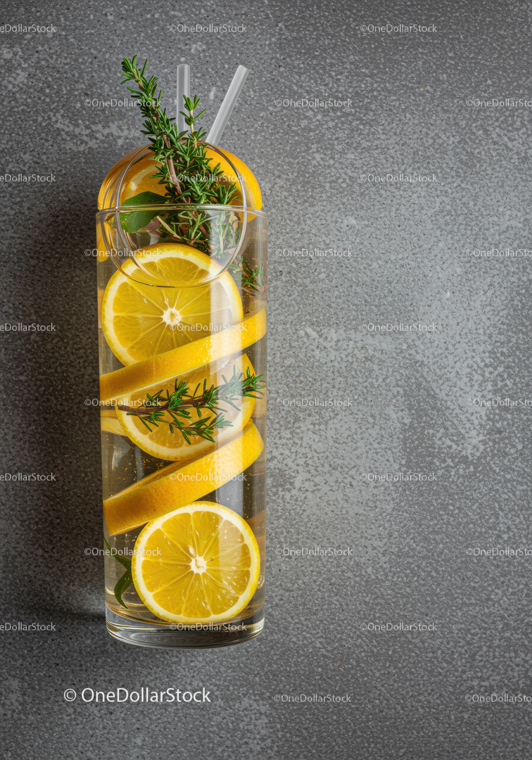 Refreshing lemon and rosemary infused water in glass