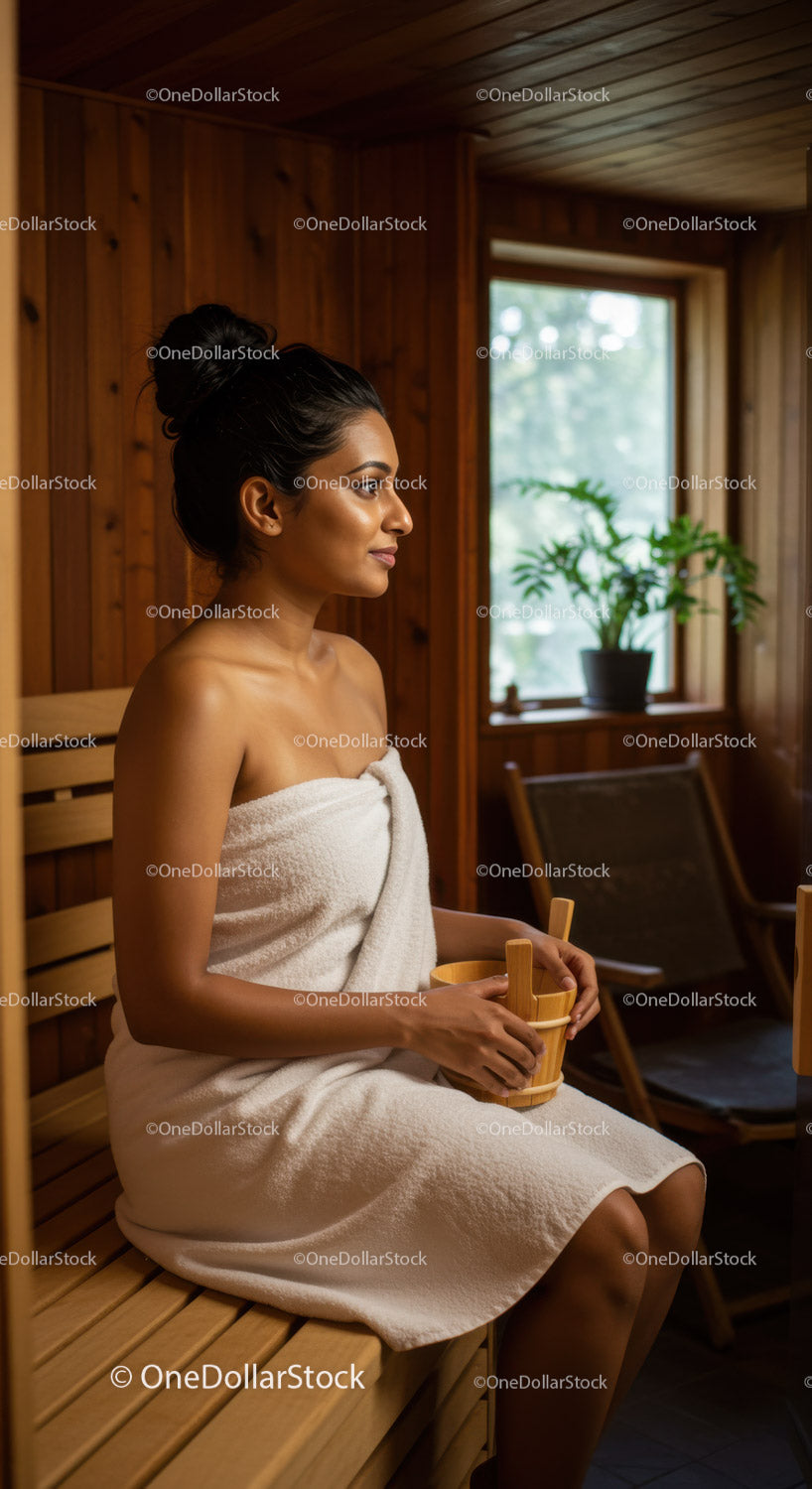 Relaxing Woman Sitting in Sauna Room with Wooden Interior